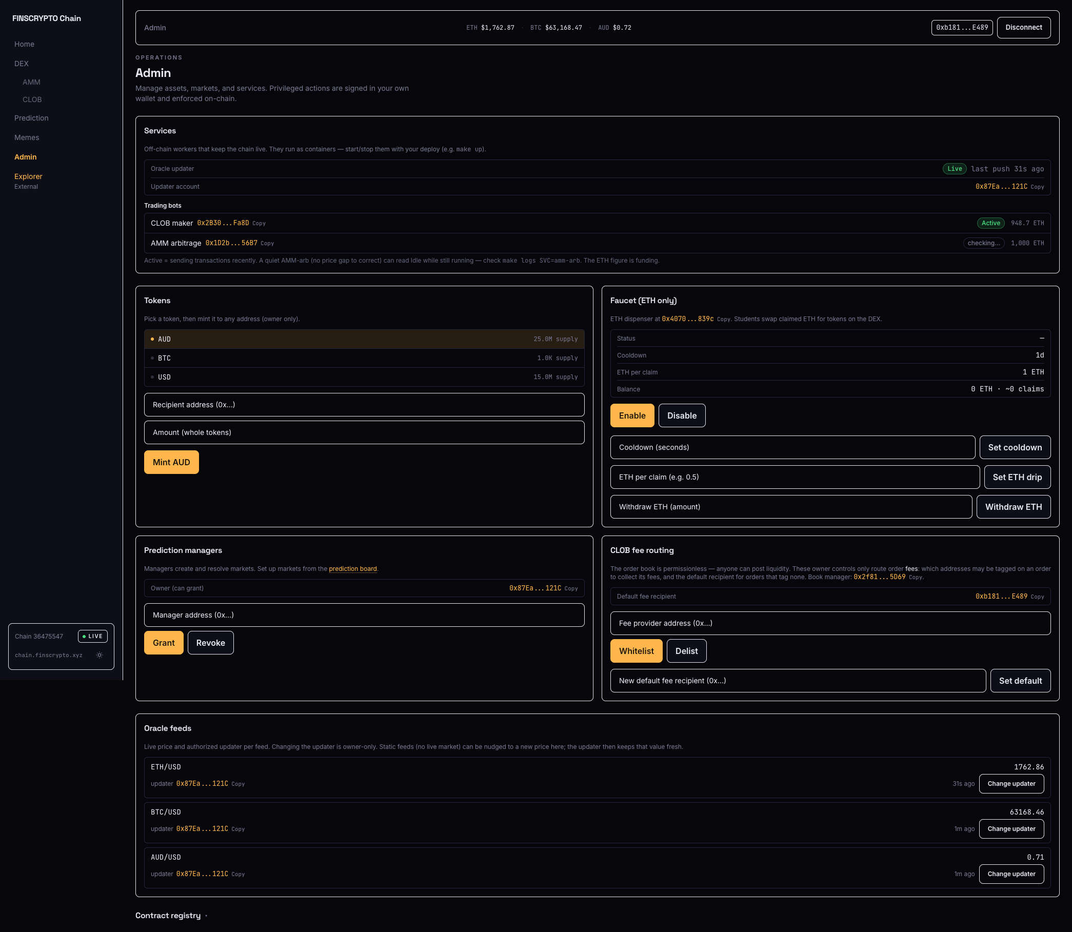 Sand Chain admin panel with sections for services, token minting, the faucet, prediction managers, CLOB fee routing, and oracle feeds