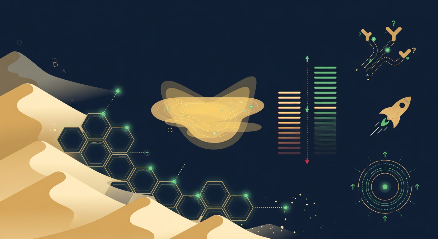 Sand Chain — a sandbox EVM stack: dunes flowing into linked blocks, liquidity curves, branching markets, a launch rocket, and an oracle pulse