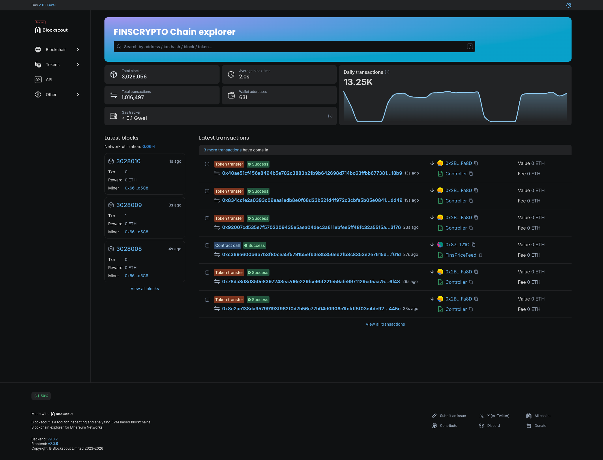 Blockscout explorer for the chain showing total blocks, average block time, daily transactions, and the latest blocks and transactions