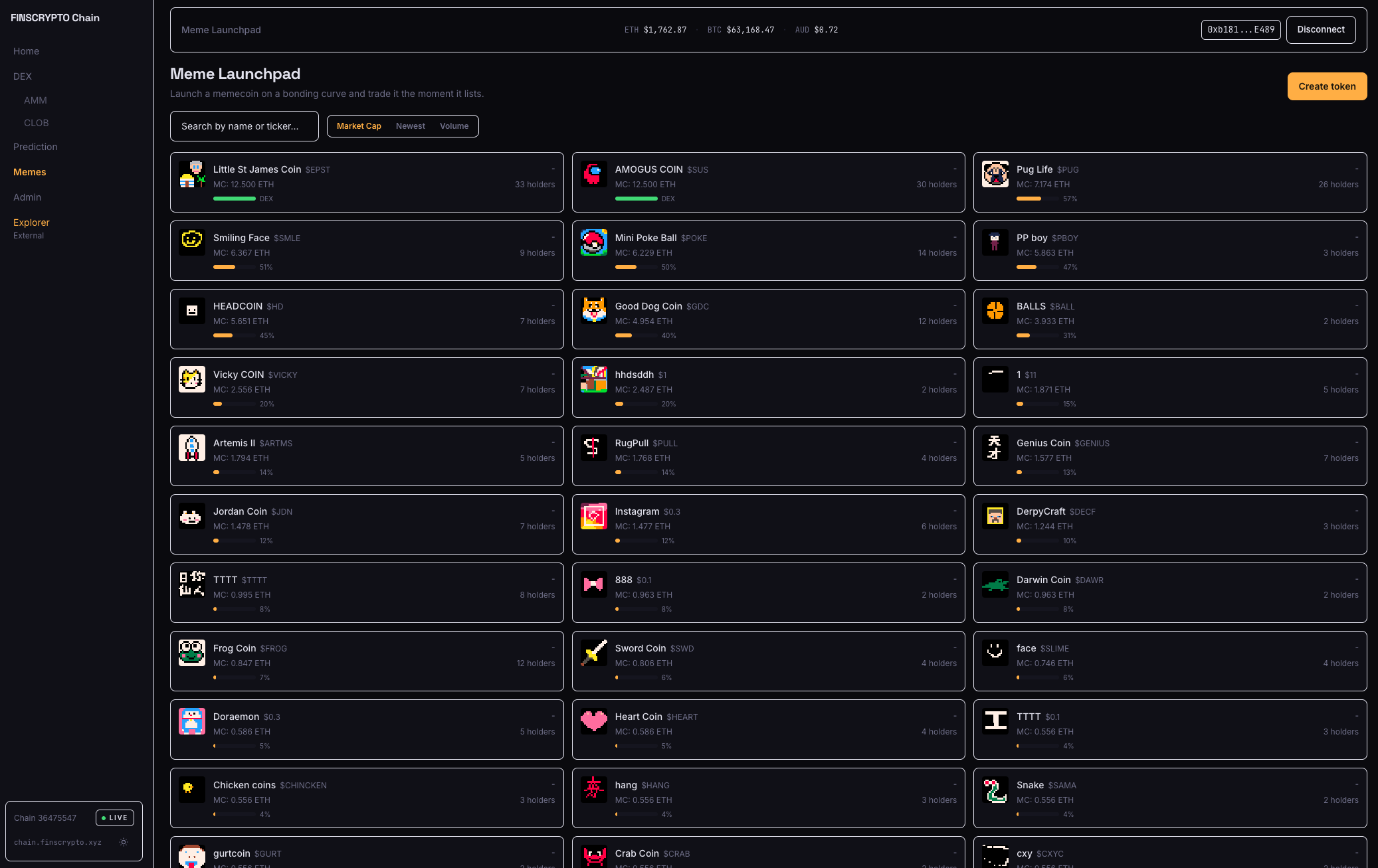 Sand Chain meme launchpad showing a grid of user-created tokens with market caps, holder counts, and bonding-curve progress